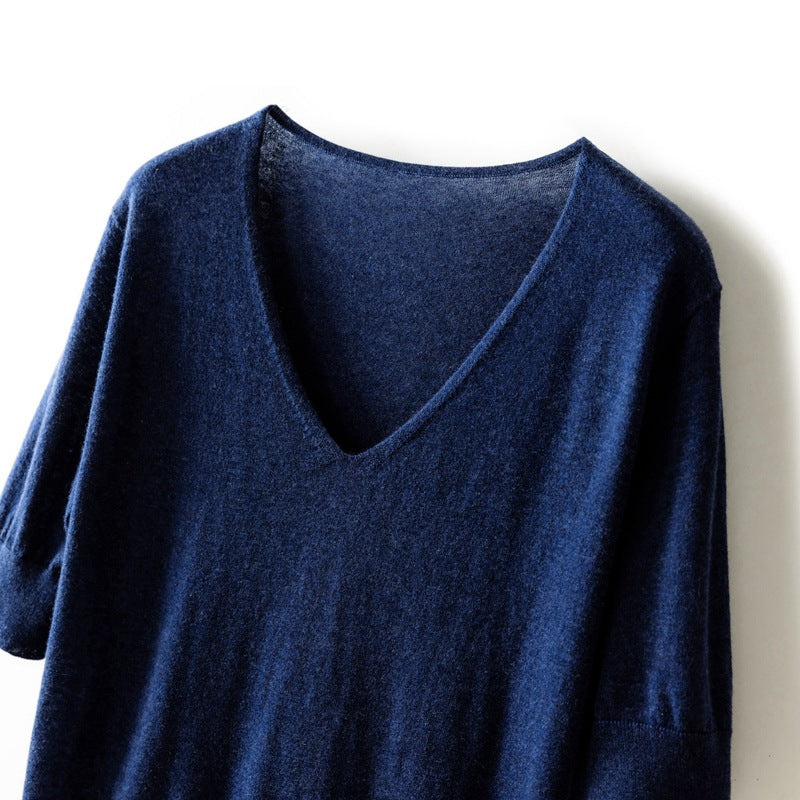 Women's 60-Count Fine-Spun Cashmere V-Neck Short-Sleeve Sweater 5