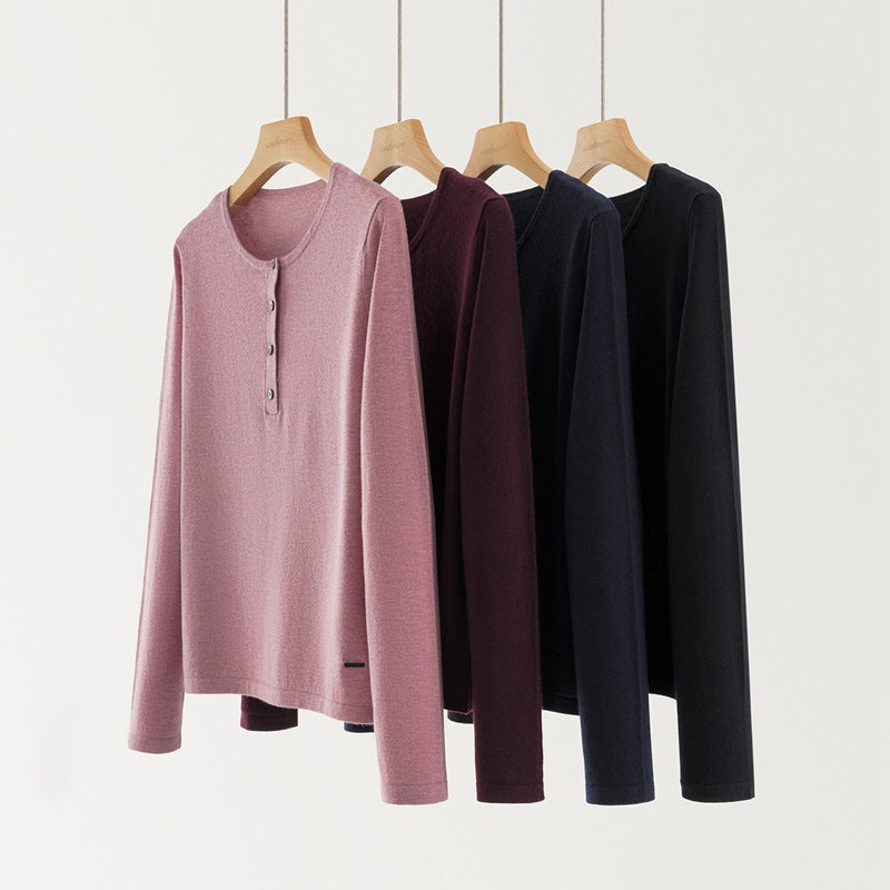 Women's Fine-spun Pure Cashmere Crew Neck Half-placket Button Commuter Sweater