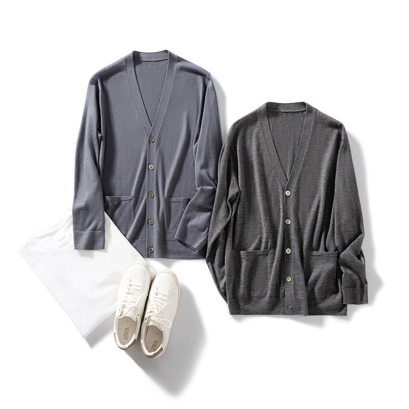 Spring Autumn Men's Fine-spun Pure Cashmere V-neck Button Cardigan