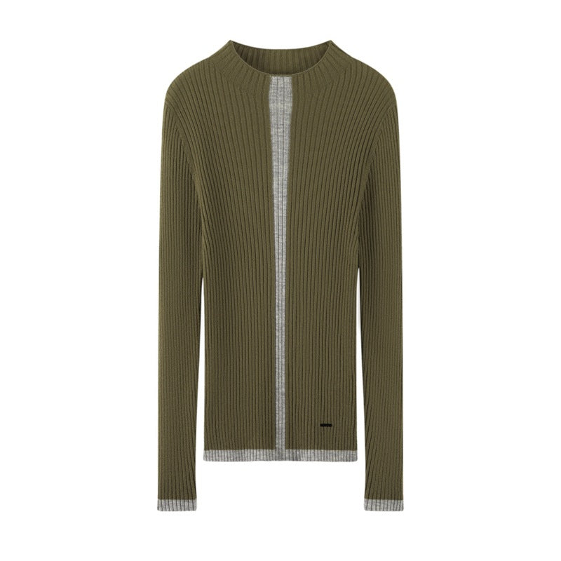 Women's Fine-spun Pure Cashmere Ribbed Semi-high Neck Contrast Base Sweater