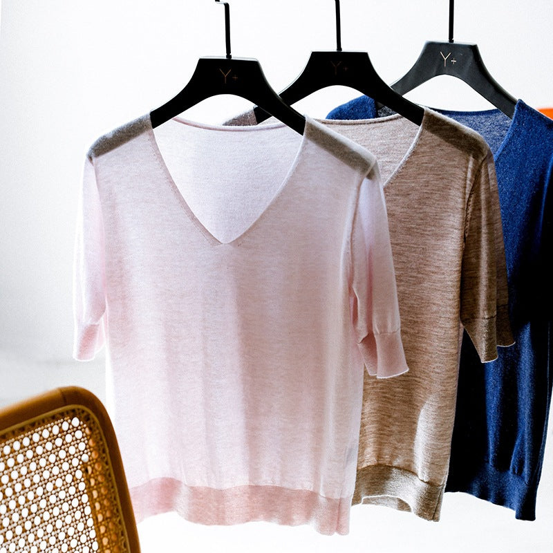 Women's 60-Count Fine-Spun Cashmere V-Neck Short-Sleeve Sweater