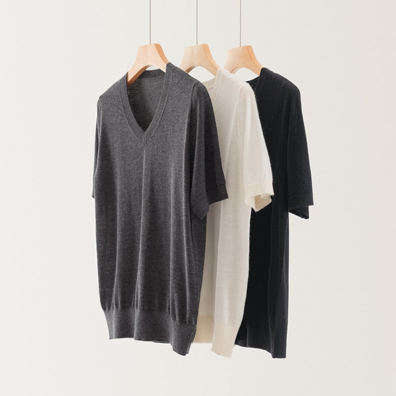 Spring Summer Autumn Women's Pure Cashmere 60-count Fine-spun V-neck Short Sleeve Top