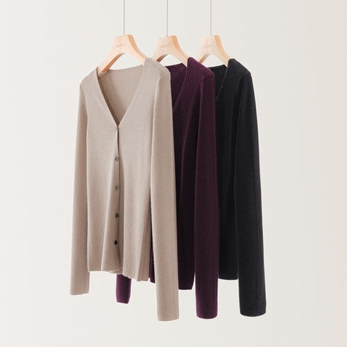 Autumn Winter Women's Pure Cashmere 80-count Fine-spun V-neck Metallic Button Cardigan