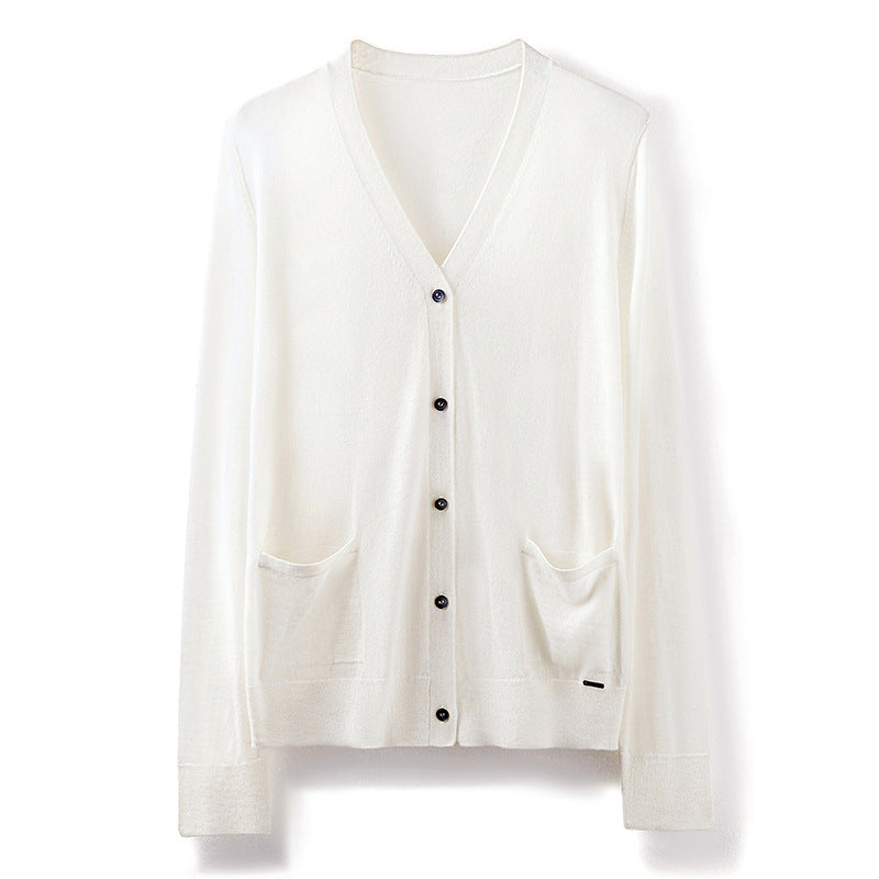 Spring Autumn Women's Fine-spun 60-count Thin Pocket Long-sleeve V-neck Button Knit Cardigan