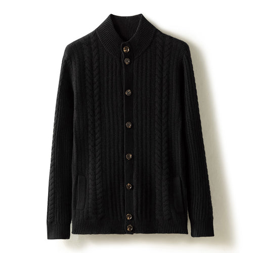 Autumn Winter Men's Pure Cashmere High Neck Thick Warm Cardigan