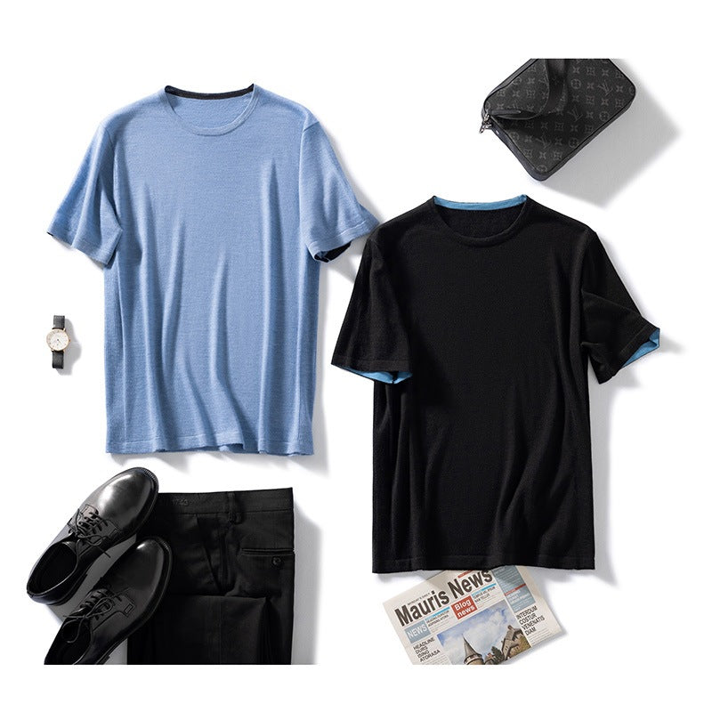Spring Summer Men's Fine-spun Pure Cashmere Short Sleeve Crew Neck T-shirt