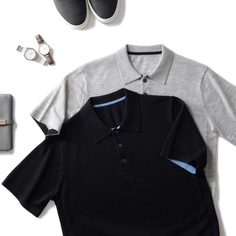 Spring Men's Fine-spun Pure Cashmere Short Sleeve Polo Knit