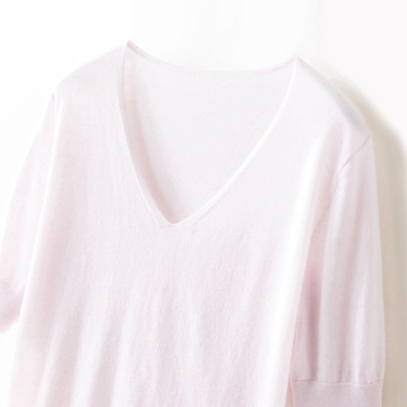 Women's 60-Count Fine-Spun Cashmere V-Neck Short-Sleeve Sweater 2