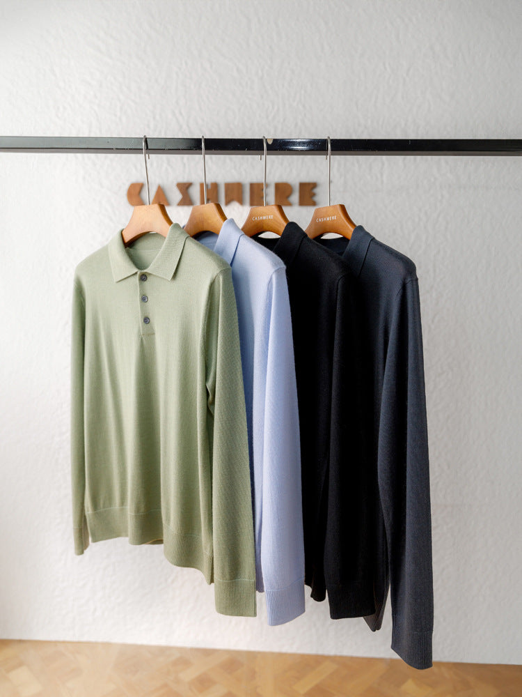 Men's Worsted Pure Cashmere Polo Collar Sweater 5