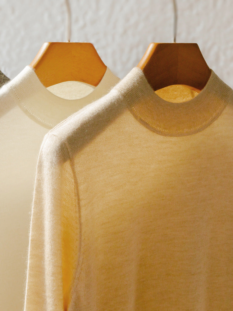 Women's Fine-spun Pure Cashmere Semi-high Neck Straight Base Sweater - Natural Cashmere