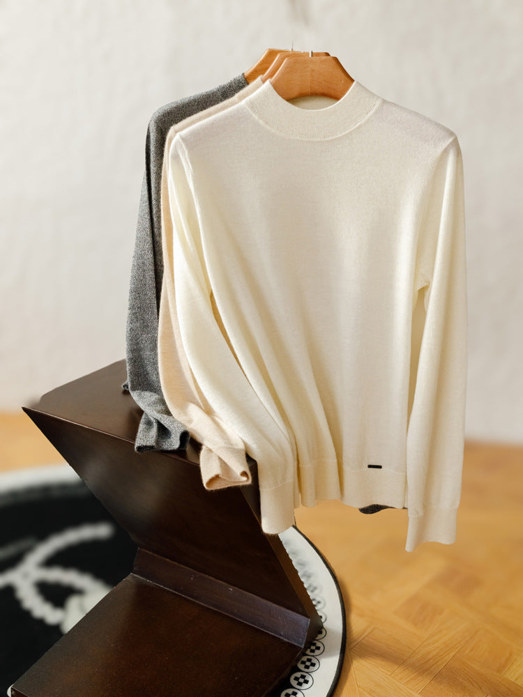 Women's Fine-spun Pure Cashmere Semi-high Neck Straight Base Sweater - White